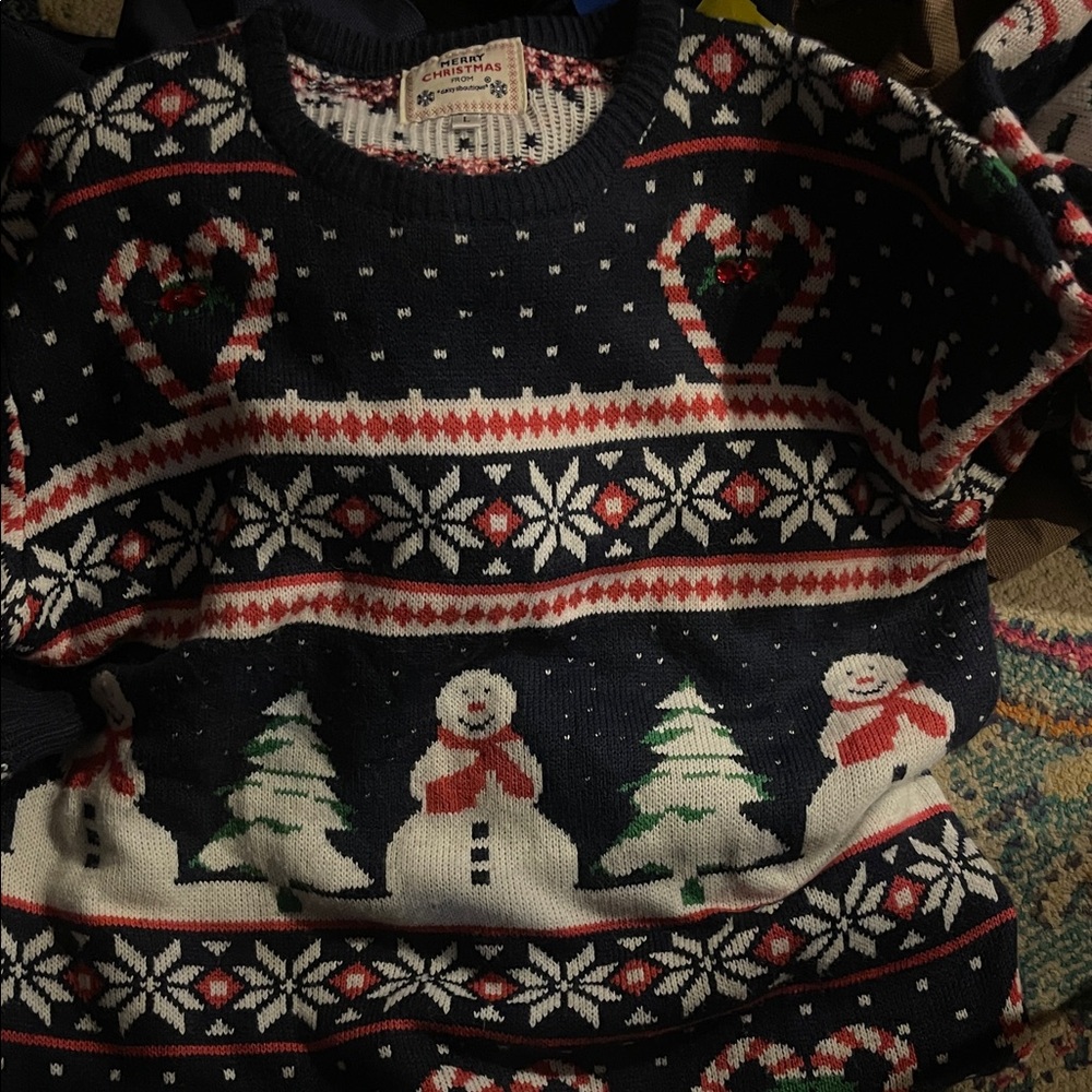 Daisys Boutique Snowman Heart Candy Canes L- Navy, White, Red Christmas Sweater